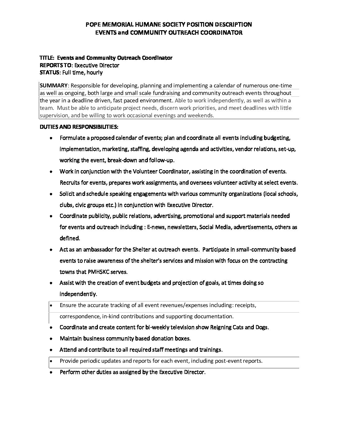 PMHSKC-Events-Coordinator-job-description | Pope Memorial Humane