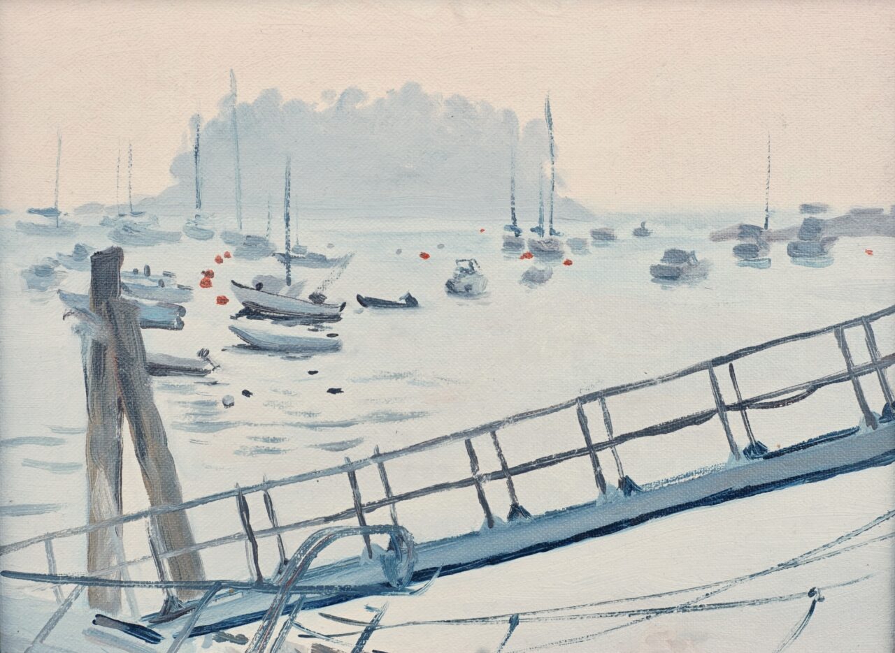 Hazy May Morning, Camden Harbor” by Jim Sollers, oil on
canvas panel, 9" x 12